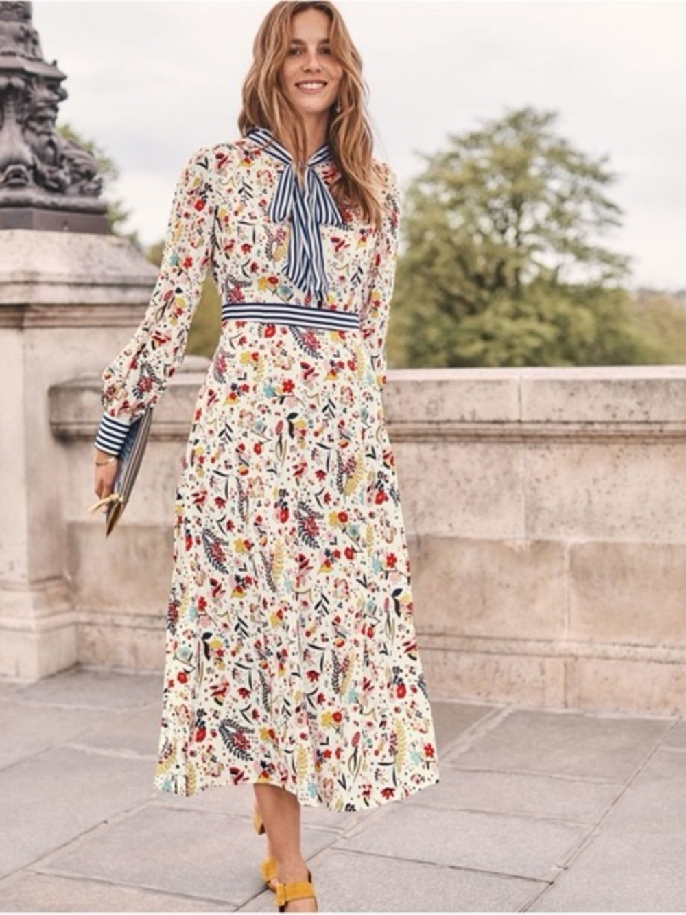 Boden Thelma Midi Dress Whimsical Floral Bird Print Tie Neck Stripe Trim 12R